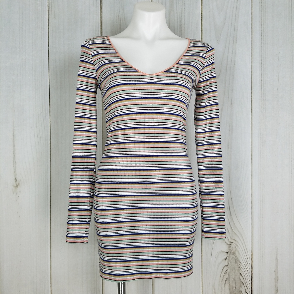 wild fable Striped Ribbed Long Sleeve Mini Dress in Cream, Blue, Pink